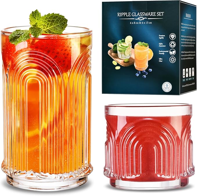 Arch Design Drinking Glasses Set of 8, Highball Glasses 15 oz and 8 oz, Ribbed Glass Cups, Cups for Kitchen, Vintage Glassware for Whiskey, Beer, Cocktail, Juice, Water