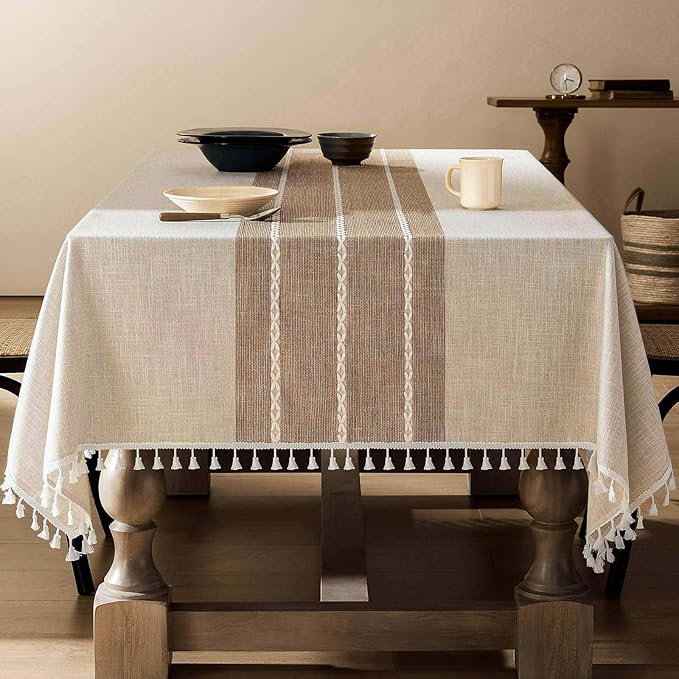 ZeeMart Contrast Linen Table Cloth Rectangle Table Cloths 60x84 Inch Brown, Farmhouse Style Heavy Weight Beige Tablecloth, Water Resistant Burlap Tablecloths
