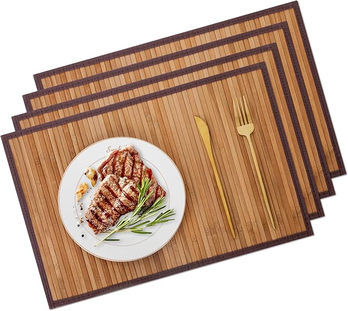 Bamboo Placemats with Fabric Border Set of 4 Natural Bamboo Rectangular Rolling Table Mats for Dining Kitchen Table Heat Resistant Table Protection Light Brown