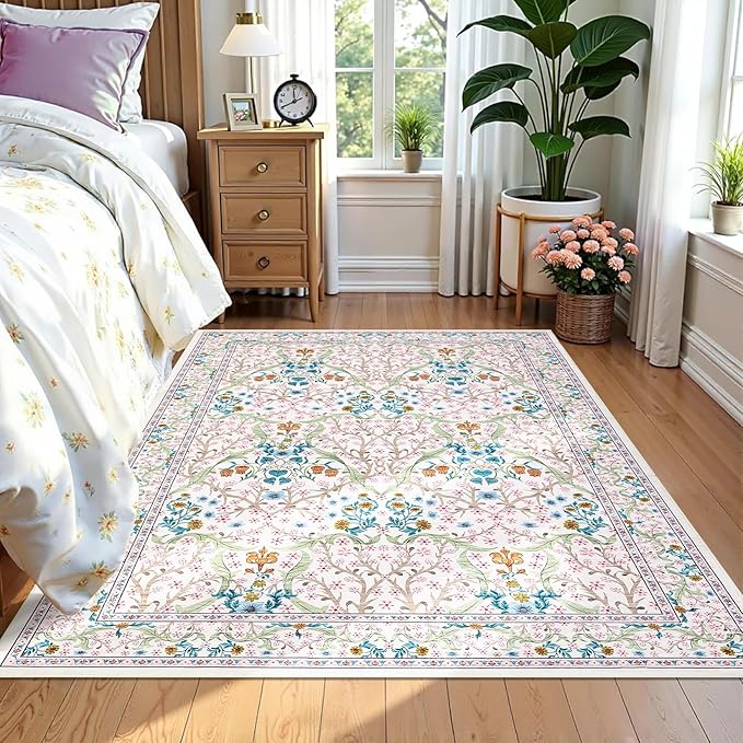 GarveeHome Floral 3x5 Area Rugs for Entryway, Washable Kitchen Rug Non Slip, Low Pile Bedroom Rug, Ultra Soft Stain Resistant Small Carpet for Laundry Room, Pink