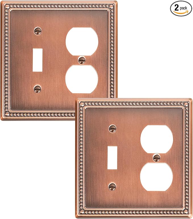 2-Pack Combo Toggle/Duplex Light Switch Cover Plate, Antique Copper Metal Wall Outlet Cover Plate, Decorative Classic Beaded Wall Socket Receptacle Cover for Electrical Outlets, Light Switch