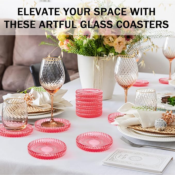 Vintage Glass Coasters, GOH DODD Set of 8 Crystal Coasters Tabletop Protection for Drinks, Home Decor, Kitchen, Living Room, Patio, Wedding, Party, Housewarming Gifts, Clear Red