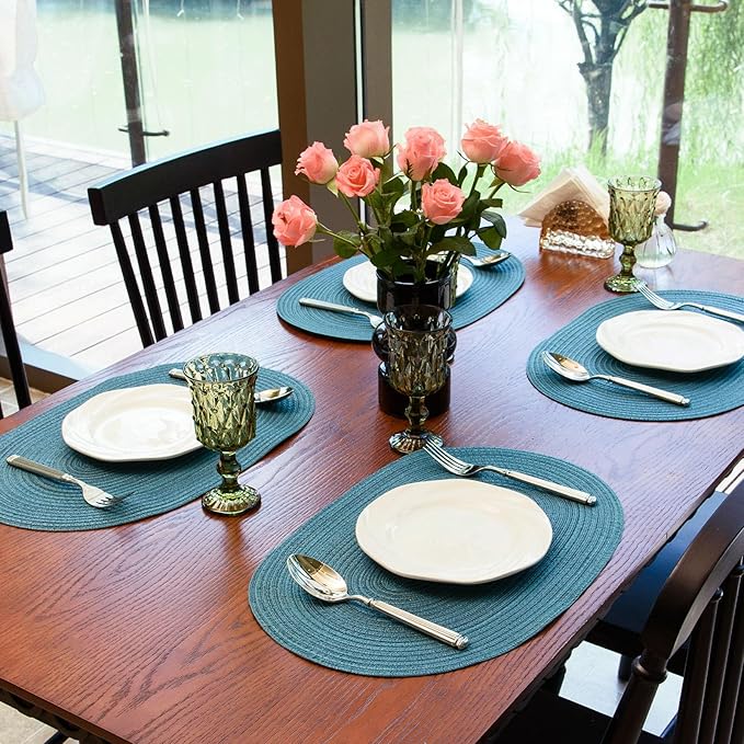 Noctiflorous Oval Braided Placemats Set of 6 Woven 12x18 Inch Non Slip Washable Heat Resistant Place Mats Tablemats for Dining Kitchen Party Daily Table Decor Dinner Mats (Teal Blue, 6)