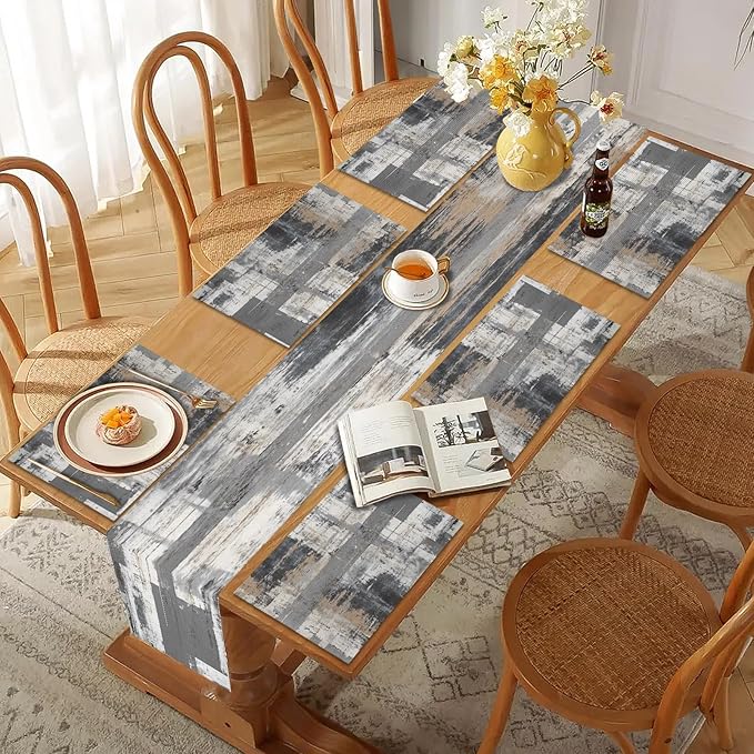 Mcalk Grey Table Runner and Placemats Set of 6, Abstract Black Placemats, Modern Cloth Place Mats Indoor for Kitchen,Washable Linen Material for Dining Table