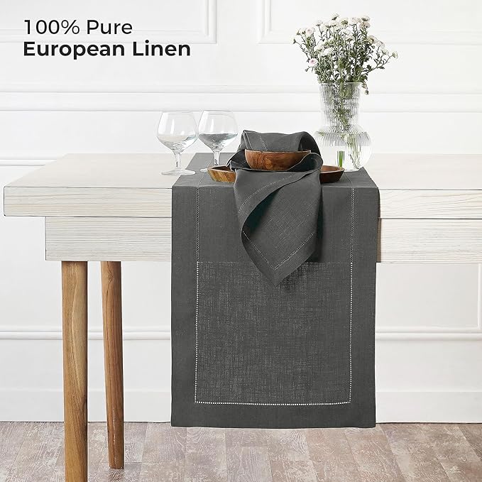 D'Moksha Homes Linen Charcoal Grey Table Runner 120 Inches Long - 100% Pure Linen Hemstitch 14 x 120 Inch Table Runner for Dining, Spring, Easter - Classic Hemstitch