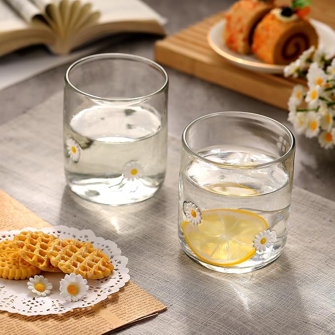 Icon Juice Glasses, 14oz Stemless Wine Drinking Juice Glass Cup for Valentine Party Supplies Gift(2 Pcs,Daisy)