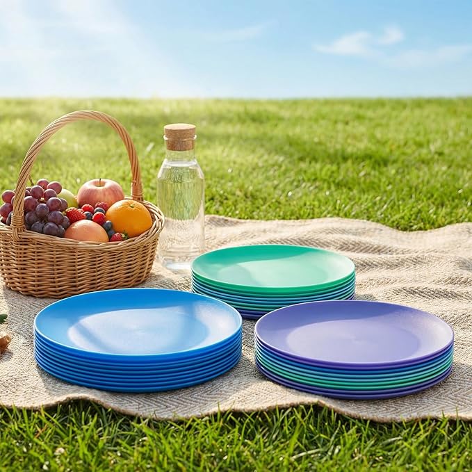 Plastic Plates Reusable - 10 inch Unbreakable Dinner Plate set of 12 - BPA Free Dishwasher Safe Microwave Plates - Everyday Large Plate for Kids Kitchen Salad Party Outdoor
