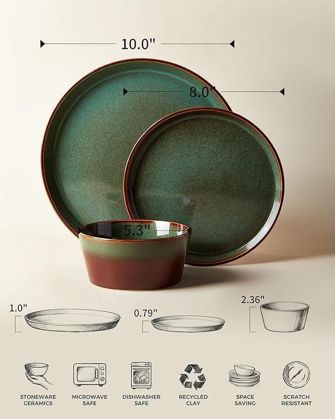 Plates and Bowls Sets for 6, Ceramic Dinnerware Sets, Kitchen Dish Set, Microwave & Dishwasher Safe Dishware, Highly Durable Reactive Glazed Dinner Set, Brown Green