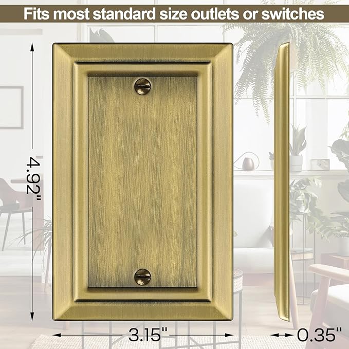 Metal Wall Plate for Electrical Outlets, Decorative Antique Brass Switch Plates Outlet Cover, Light Switch Cover Plate, 1-Gang Wall Plates (Single blank, 4 Pack)