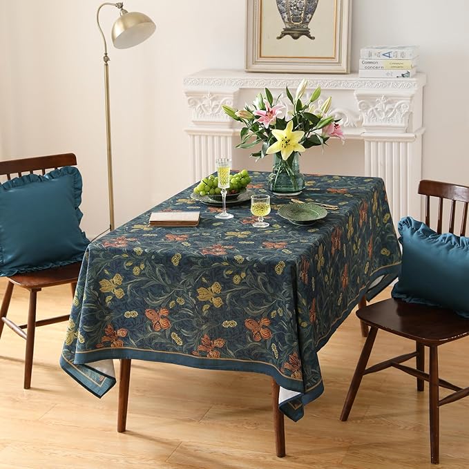 patdrea Designer Vintage Dark Blue Linen Rectangle Tablecloth,French Rustic Floral Pattern Tablecloths,Decorative Table Cover Cloth for Kitchen,Dining,Tea Party,Home,Christmas,63"*110"
