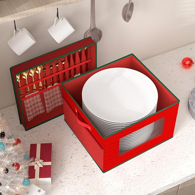 VERONLY China Storage Containers 2-Pack for Christmas and Holiday Dishes, Hard Shell Stackable Box with Felt Dividers, Holds 24 Fine Dinner Plates,Red