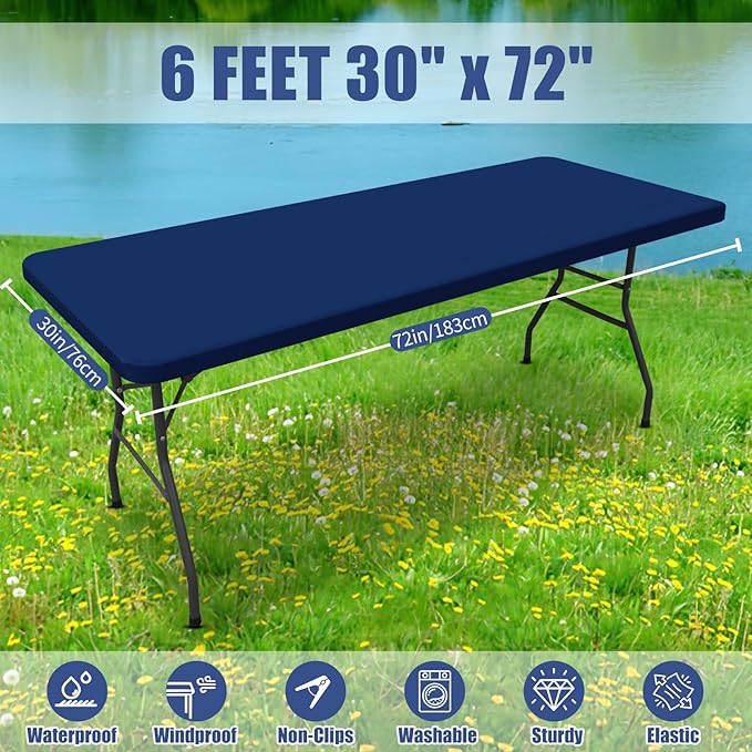 Spandex 6 Foot Rectangle Table Cloth 2 Pack, Elastic Fitted Tablecloths for Picnic, Stretch Washable Patio Table Cover for Outdoor, Camping, Banquet and Parties (Navy, 30"x72")