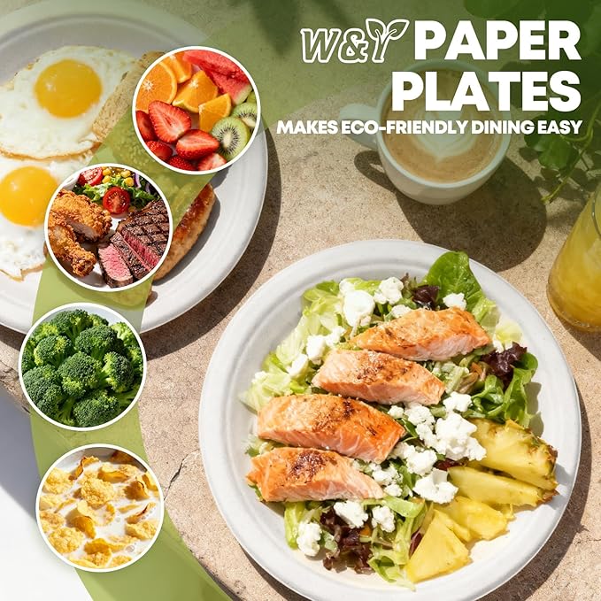 W&Y 100 Pack 9 Inch Paper Plates, Heavy-Duty Dinner Plates, Cut Resistant & 100% Compostable Disposable Paper Plate,Leak Proof & Microwave Safe for Parties, Weddings, Catering Events