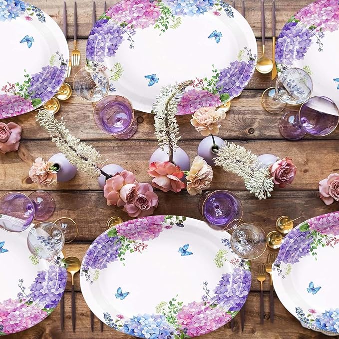 50 Pcs Hydrangea Flowers Oval Paper Plates Large 10"x12" Blue Purple Pink Hydrangea Floral Plates Disposable Heavy Duty Flower Plate for Spring Wedding Bridal Baby Shower Decoration Tea Party Supplies