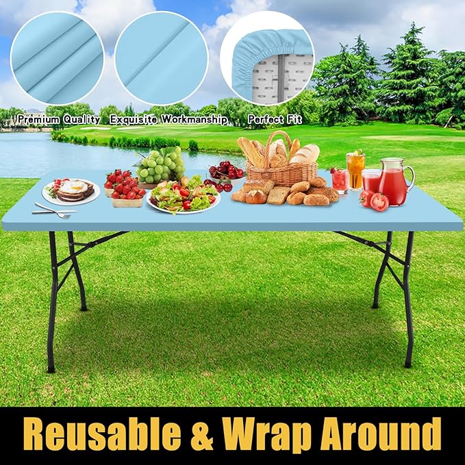 Smiry Rectangle Picnic Table Cloth, Waterproof Elastic Fitted Tablecloths for 4 Foot Tables, Washable Polyester Table Cover for Camping, Indoor and Outdoor (Light Blue, 24"x48")