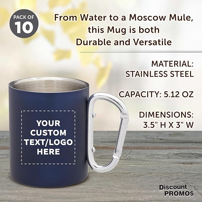 Custom Stainless Steel Mugs with Carabiner Handle 10 oz. Set of 10, Personalized Bulk Pack - Perfect for Coffee, Soda, Other Hot & Cold Beverages - Navy Blue