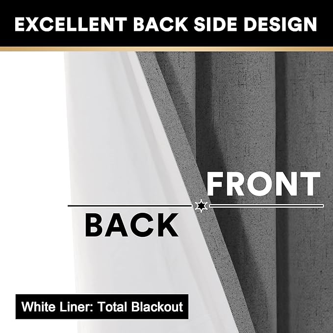 PrinceDeco Blackout Curtains Linen Textured 100% Thermal Insulated Sun Blocking Drapes for Bedroom Nursery Grommet Room Darkening Linen Curtains with White Liner, 2 Panels Set,52" W x 54" L,Grey