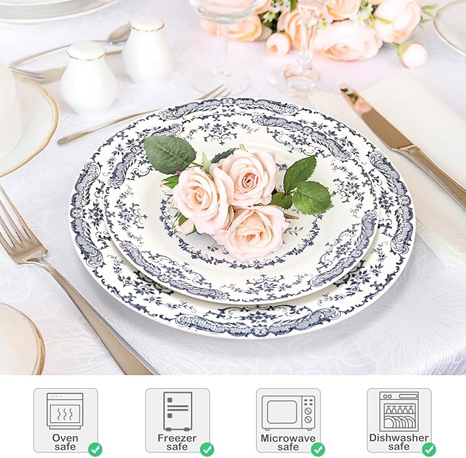 Dinner Plates, Ceramic Plates Set of 6, Kitchen Plates Microwave Safe, White Plate Dessert Blue Floral Plate Porcelain (Blue Rose, 10.5 inch)