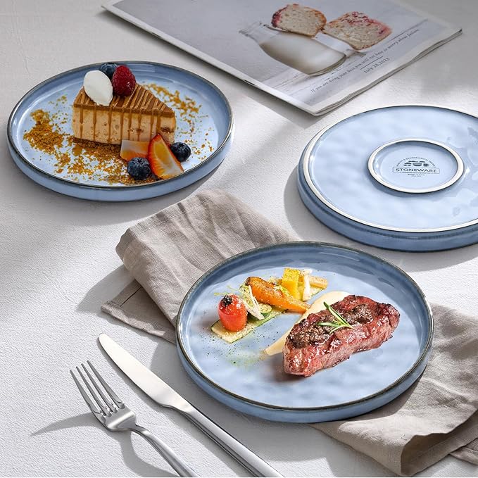 LIANYU 6PCS Ceramic Flat Dinner Plates Set, Porcelain Salad Appetizer Dishes with High Edge, 10.2” Dessert Plates Set, Microwave, Oven, dishwasher Safe, Chip & Scratch Resistant, Serenity Blue
