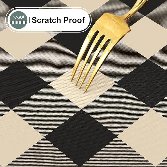 misaya Rectangle Waterproof Vinyl Table Cloth, Buffalo Flannel Backed Tablecloth, Wipeable Plastic Table Cover for Dinner, Kitchen, Outdoor (60" x 120", Black and Beige)