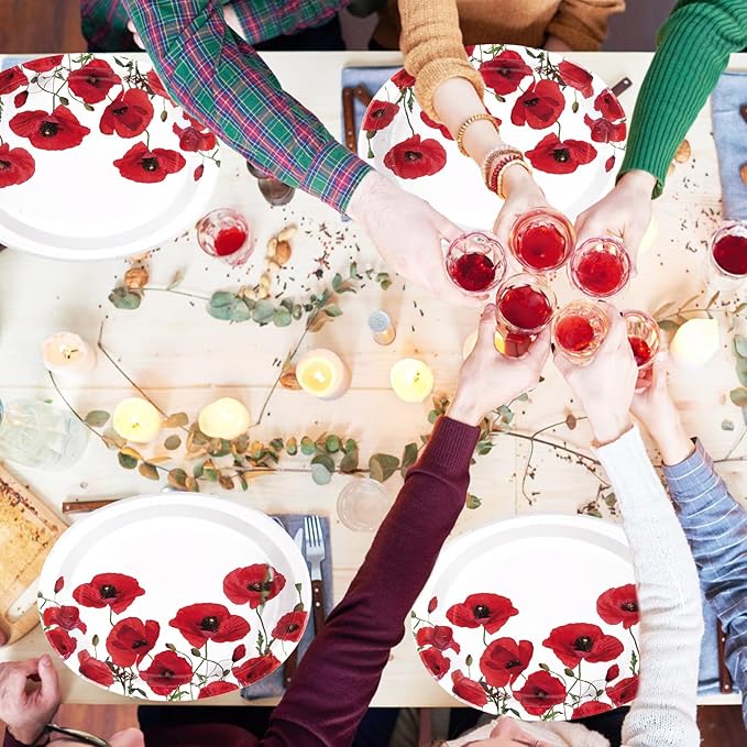 50Pcs Poppy Floral Oval Paper Plates 10" x 12" Large Disposable Heavy Duty Spring Poppies Dessert Platters Watercolor Red Flowers Dinner Plates for Seasonal Bridal Shower Tea Garden Party Supplies