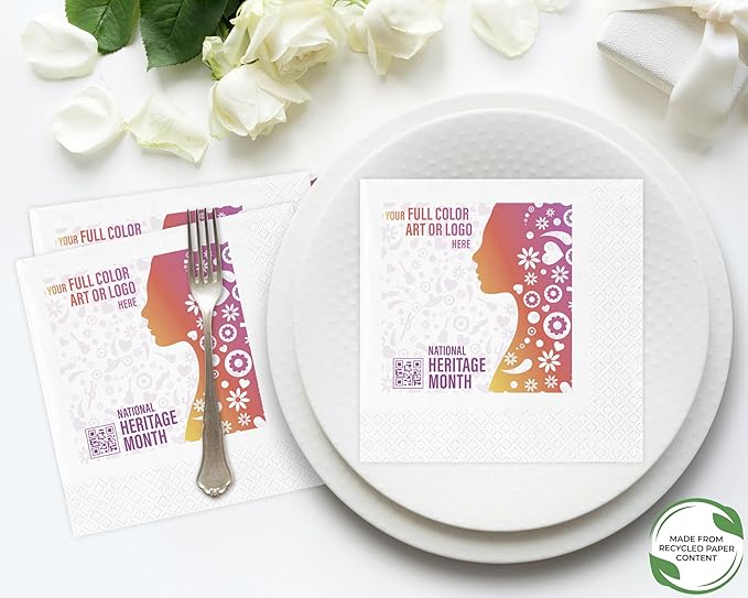 B.E. Green Custom Luncheon Napkins - Personalized Recycled Paper Content Napkins - Eco-friendly & Full-Color Digital Printed - Events & Celebrations - Pack of 50 - Diamond Edge Embossed, 6.5"x 6.5"
