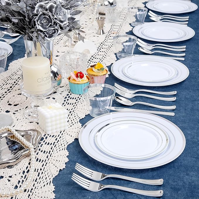 WELLIFE 450 PCS Silver Disposable Dinnerware Set for 75 Guests, Wedding Plates Silver Plastic Plates for Party, Including 75 Dinner Salad Plates, Cups, Forks Knives Spoons for Wedding and Party