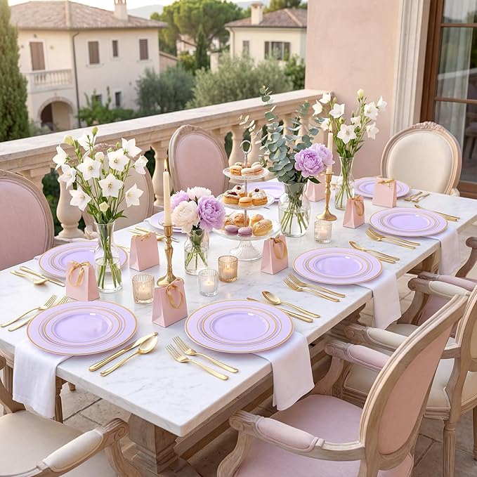 175PCS Purple Plates Disposable - Lavender Plastic Plates 25Guests Plastic Dinnerware with Rolled Napkins for Birthday/Spring/Baby Shower/Easter