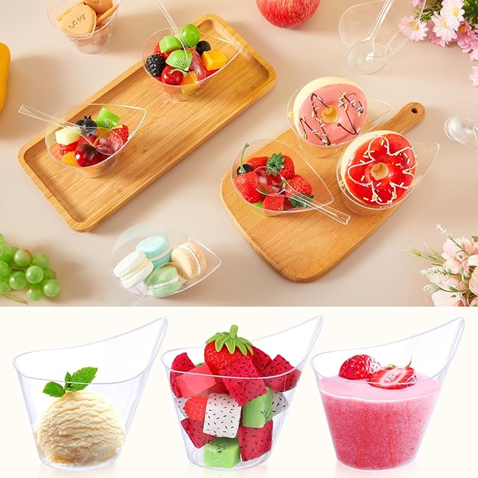 100 Pack Clear Plastic Dessert Cups with Tasting Spoons, Appetizer Cups Yogurt Parfait Bowls with Spoons for Party Supplies Catering Chocolate Desserts Buffet Food Display (7 oz)