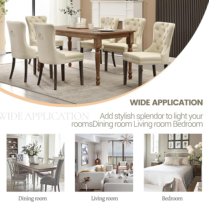 KCC Faux Leather Dining Chairs Set of 6, Upholstered High-end Tufted Dining Room Chair with Nailhead Back Ring Pull Trim Solid Wood Legs, Contemporary Nikki Collection Modern Style for Kitchen, Beige