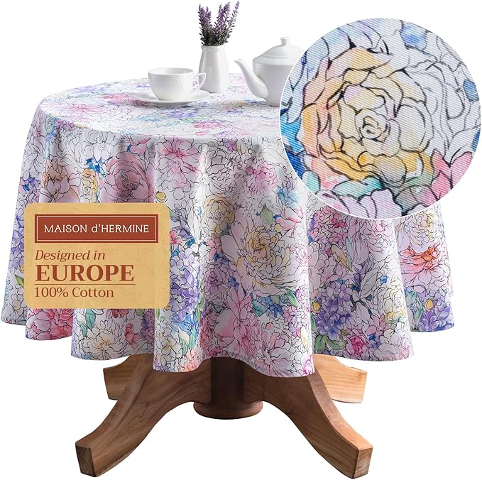 Maison d' Hermine Table Cloth Round Table 100% Cotton 63 Round Inches Tablecloth Reusable Decorative for Dining Room Farmhouse Home Valentines Day Decorations Spring Summer - Floral Love