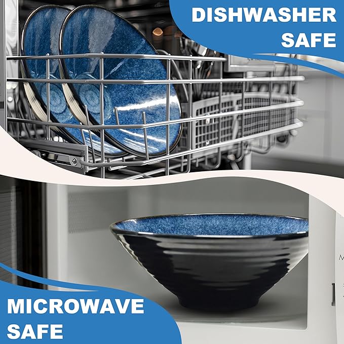 8-Inch 2 Sets Ceramic Ramen Bowl (8 Piece) - Japanese Porcelain Dishwasher Microwave Safe Salad Noodles Cereal Pasta Soup Large Bowls with Chopsticks Forks Spoons for Men Women Housewarming Gift