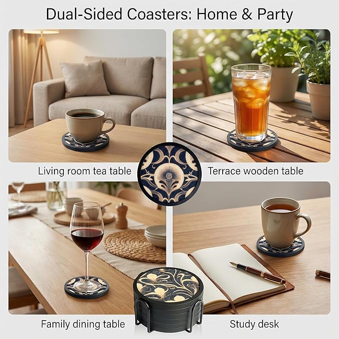 Absorbent Coasters for Drinks with Holder - 6packs, Silicone Coaster with Soft Felt Insert (4.3 inch Coasters with 4.5 inch Holder, Dual-Sided Flower -Themed Patterns)