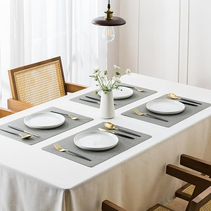 Jovono Faux Leather Placemats Set of 4, Waterproof Washable Table Mats, Easy-Clean Heat Resistant Kitchen Vinyl Place Mat for Dining Table, Restaurant, Indoor, 17.8"x11.8", Light Gray
