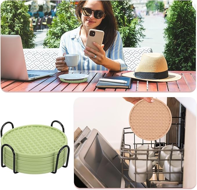 uxcell Set of 6 Round Drink Coasters with Holder, 4" Silicone Coaster for Drinks Non-Slip Cup Coaster Heat Resistant Glass Cushion for Bar Kitchen Office Decor, Light Green(Pentagon)