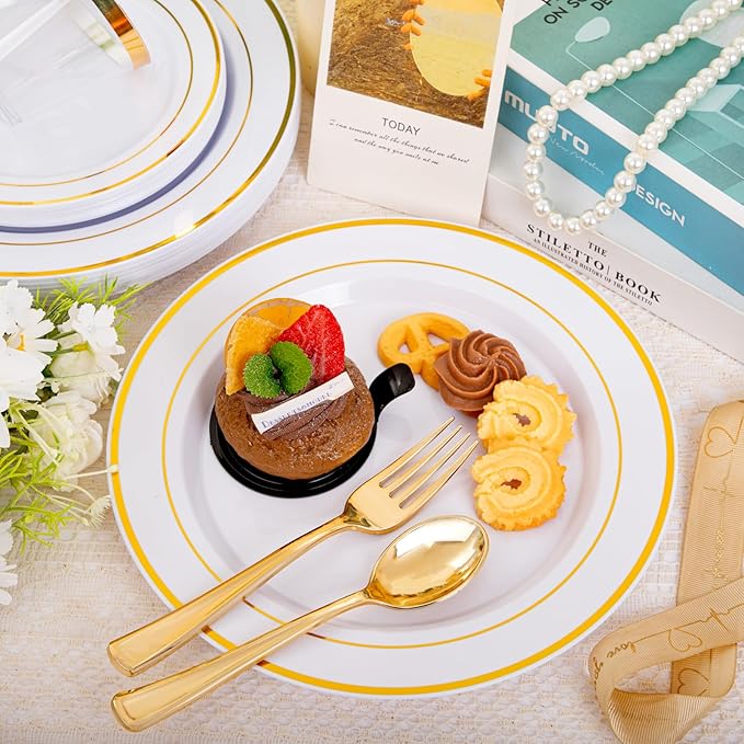 bUCLA 600Pcs White and Gold Plastic Plates - Gold Disposable Dinnerware Set for 100 Guests Include 100 Dinner & 100 Dessert Plates, 100 Cups, 100 Forks, 100 Spoons, 100 Knives for Party