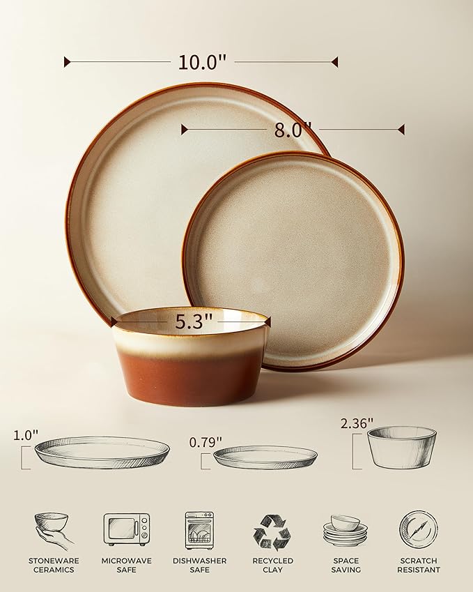 Dinnerware Set for 4, Ceramic Dish Sets, Plate and Bowl Set, Microwave & Dishwasher Safe Dishware Set, Chip & Scratch Resistant Dinner Set, No Two Are Alike, Amber Brown