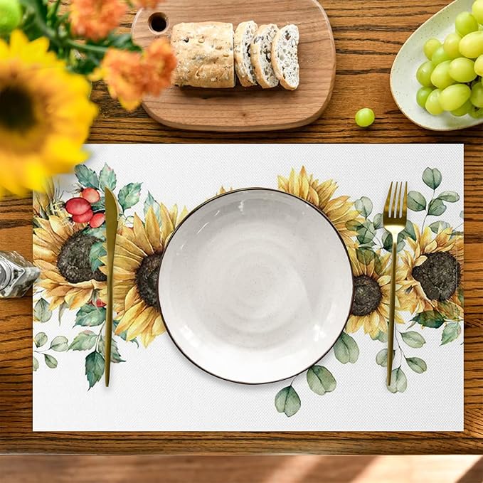 AOFOTO Sunflower Printed Placemats Set of 4 Spring Yellow Floral Leaves Fruit Printed Place Mats Washable Rectangular Table Mats for Party Home Kitchen Restaurant Dining Table Decor 12x18 Inch