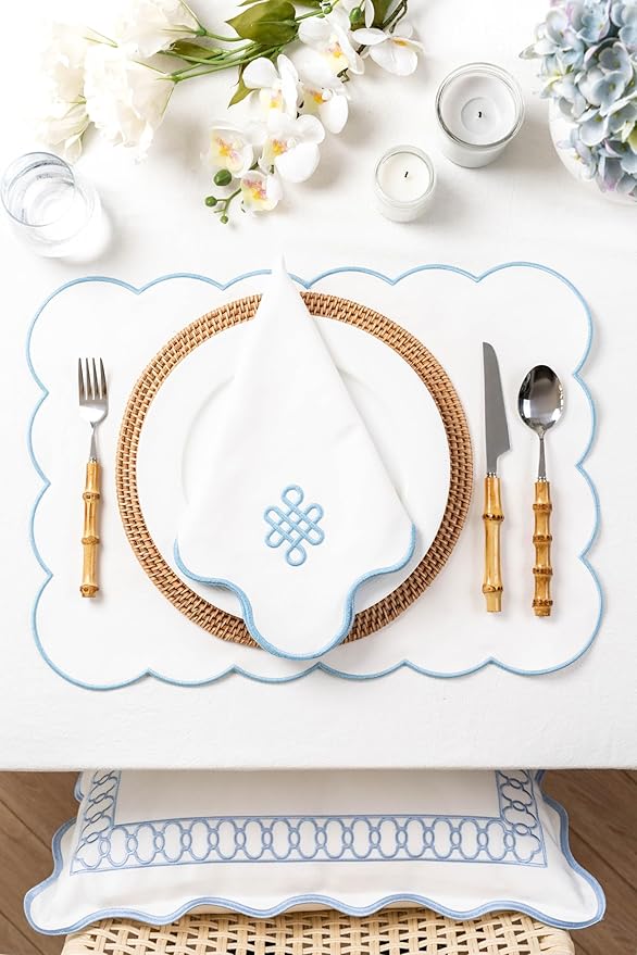 Hofdeco Premium Coastal Patio Indoor Outdoor Placemat Set of 4, 14"x19" Double-Layered, Waterproof Cloth Placemat for Kitchen or Dining Table. Baby Blue Embroidered Solid A