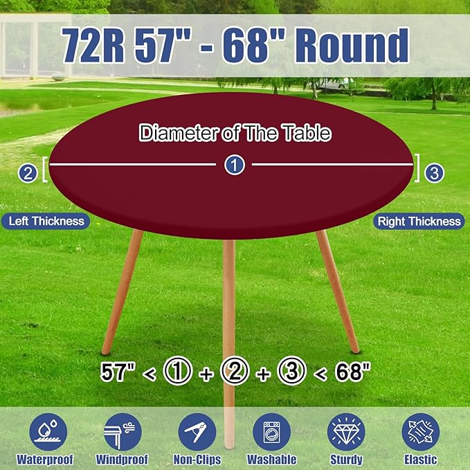 Round Spandex Tablecloth, Elastic Fitted Waterproof Tablecloths for 57"-68" Tables, Stretch Washable Picnic Table Cover for Camping, Dining, Indoor and Outdoor, Wine Red