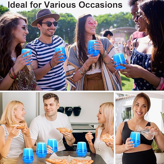 Blue Stemless Wine Glasses Set of 6, 15oz Drinking Glassware Dishwasher Safe, Wine Glass Tumblers for Red or White, Gift for Party, Holiday, Anniversary, Restaurant, Home Bar, Daily Use