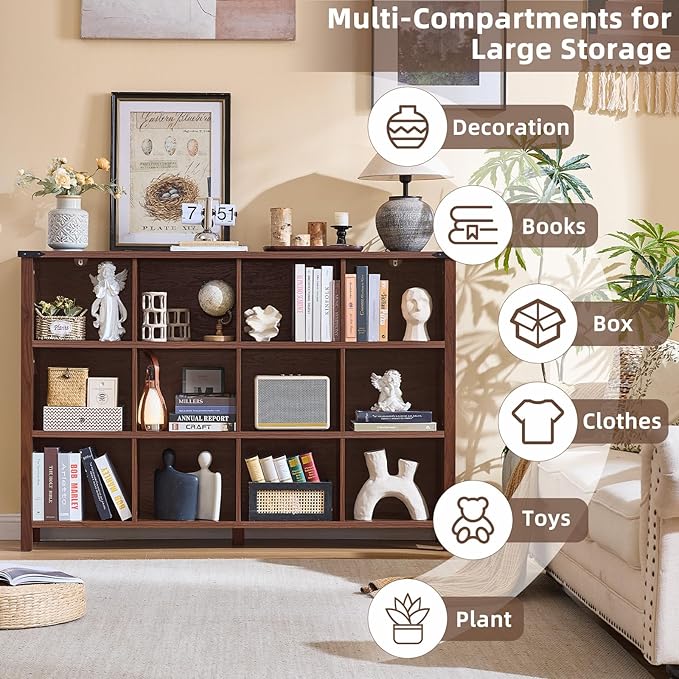 12 Cube Storage Organizer, Farmhouse 62 Inch Wide Brown Walnut Display Bookshelf, Wooden 3 Tier Large Open Book Shelf, Vintage Bookcase for Home Office, Cubby Cabinet for Living Room, Office
