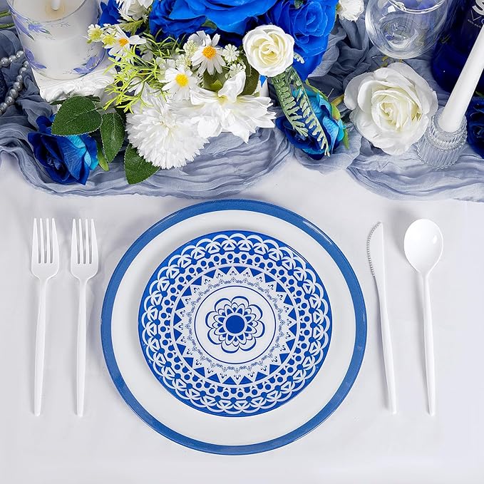 EI 60pcs Blue Plastic Plates Disposable Blue and White Floral Baroque Plastic Plates Fancy Decorative Plate Disposable Heavy Duty with Retro Classic Art Suitable for for Party,Birthday,Wedding