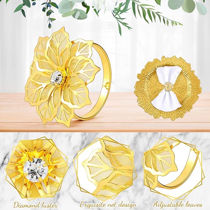 Dandat 48 Pcs Charger Plate Bulk 13'' Floral Reef Plates with Napkin Ring Plastic Dinner Charger Hollow Out Flower Napkin Holder Plastic Plate for Table Setting Wedding Party (Gold)