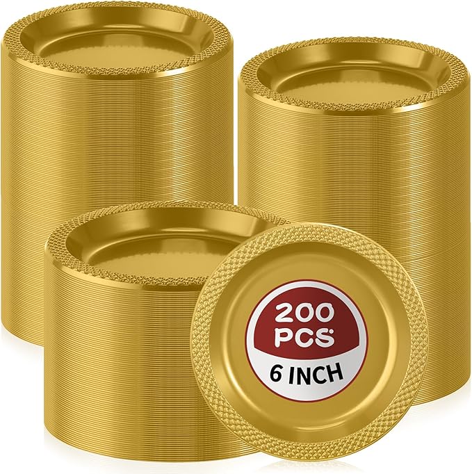 Zopeal 500 Pcs Gold Plastic Dessert Plates 6 Inch Round Gold Disposable Plates Heavy Duty Wedding Dinner Tableware for Birthday Party Dinner Picnic Salad, Appetizer Party Supplies