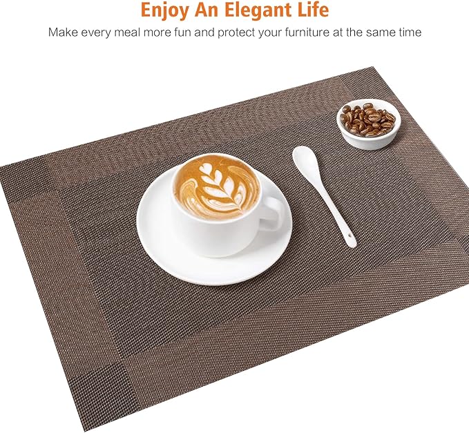 Placemats Set of 12,Washable,Heat and Stain Resistant Indoor/Outdoor Place mats,Vinyl Woven Non Slip Table Mats for Restaurant Table Protection,PVC Placemats(Brown,12PCS)