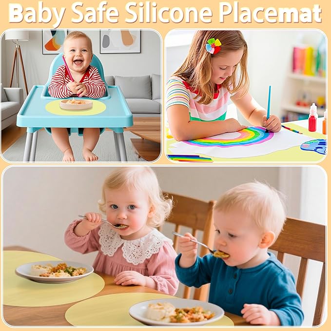 Oval Silicone Placemat Set of 4,Heat Resistant Placemats, Silicone Table Mats,Non-Slip Dining Mat for Home,Waterproof Easy Clean Kids Placemats,17"x12" Ultra-Thin Translucent (4Pcs, Yellow)