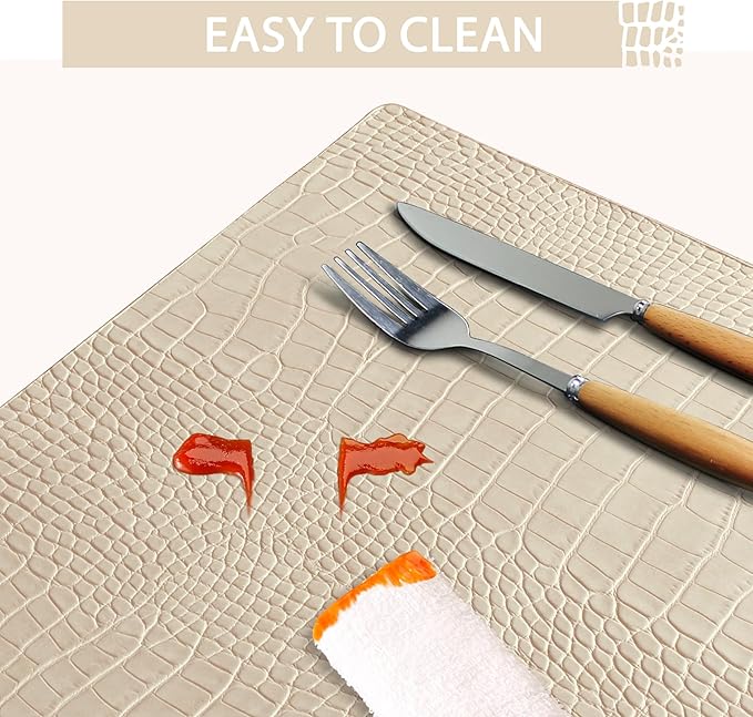 Jovono Faux Leather Placemats Set of 8, Waterproof & Heat Resistant Dinner Place Mats for Dining Table, Non-Slip Crocodile Embossed, Beige (17.8x11.8 Inch)