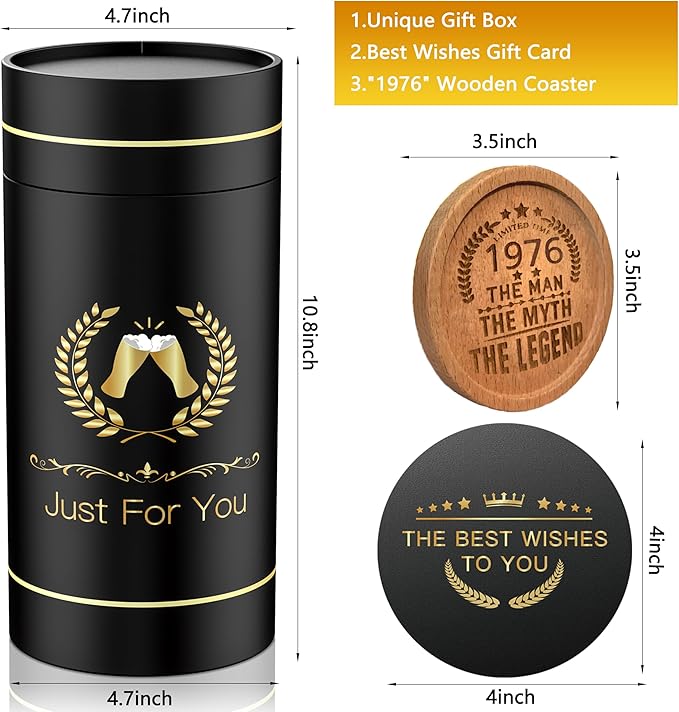 50th Birthday Beer Glasses Gifts, Personalized '1976' Vintage Glass Ware Set for Men, Black Gift Package with Drinking Glass, Coaster, and Card for 50 Years Old Man