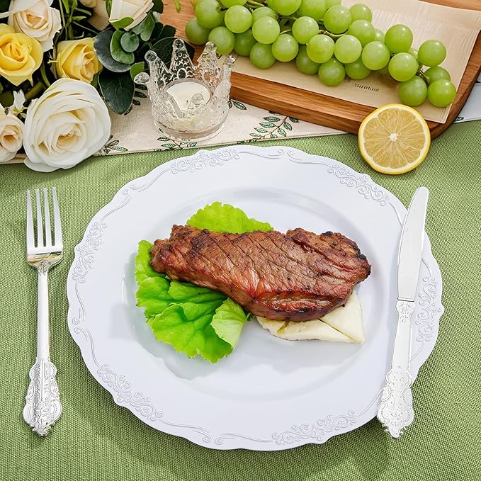 DaYammi 60PCS White and Silver Plastic Plates, Heavy Duty White and Silver Disposable Plates Premium 10inch White Dinner Plates Hard Plastic Plates Disposable for Party Wedding Bridal Shower
